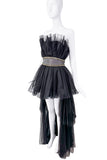 Vintage Black Tulle Sleeveless Cascading Train Dress W/ Balmain Belt