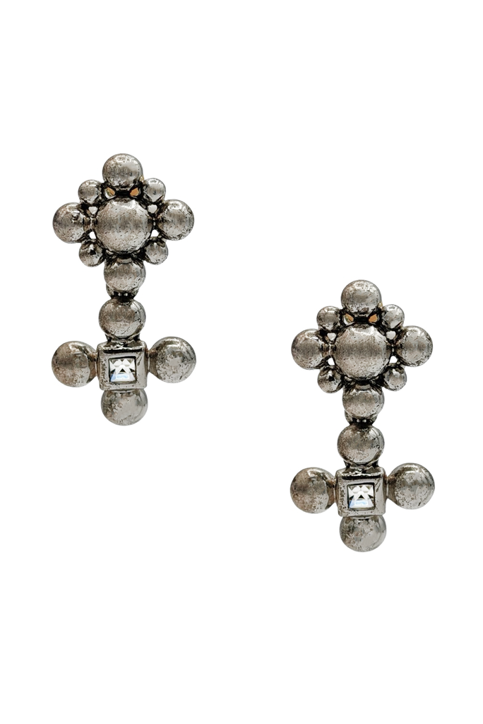 Chanel Silver Crystal Rhinestone Ball Cross Drop Earrings