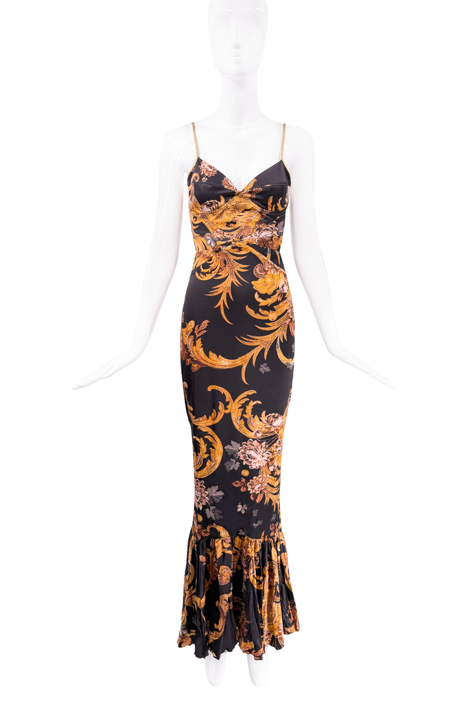 Roberto Cavalli Black Gold Multicolor Baroque Floral Print Slip Dress Gown