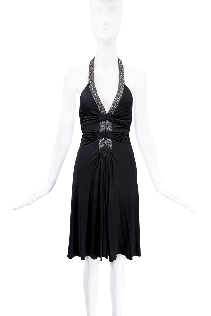Roberto Cavalli Black Beaded Ruched Halter Dress SS05