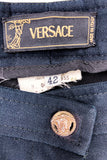 Versace Flared Black Low Rise Pants with Corduroy Inlays and Medusa Button