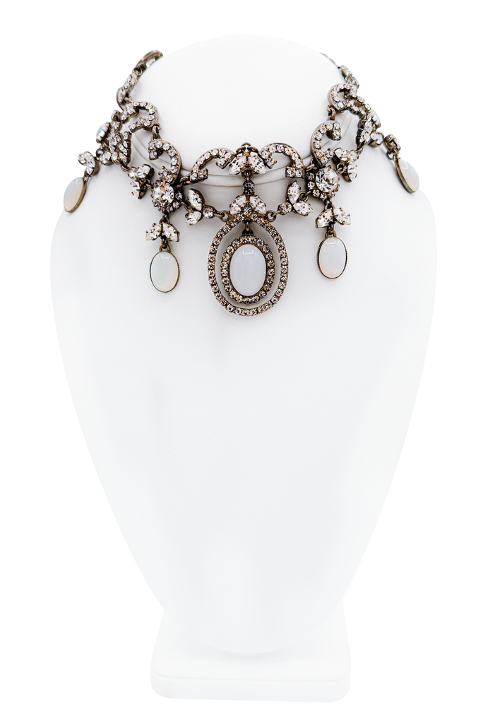 Vintage Bronze Crystal Embellished Opal Drop Necklace
