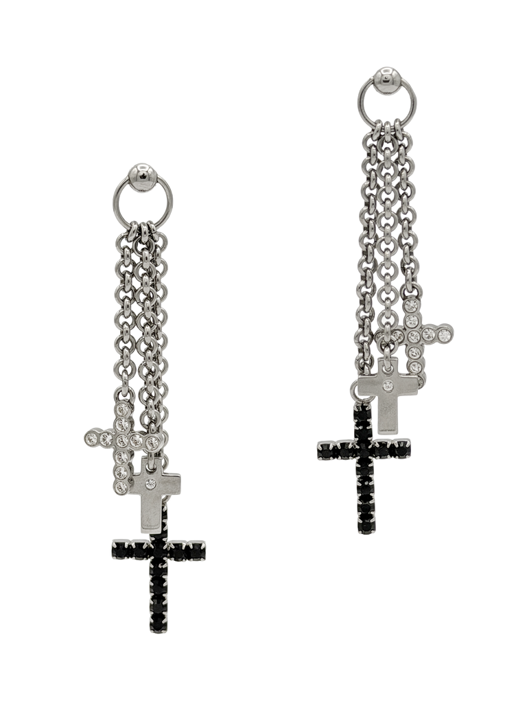 Dolce & Gabbana Silver Crystal Black Rhinestone Cross Chain Drop Earrings