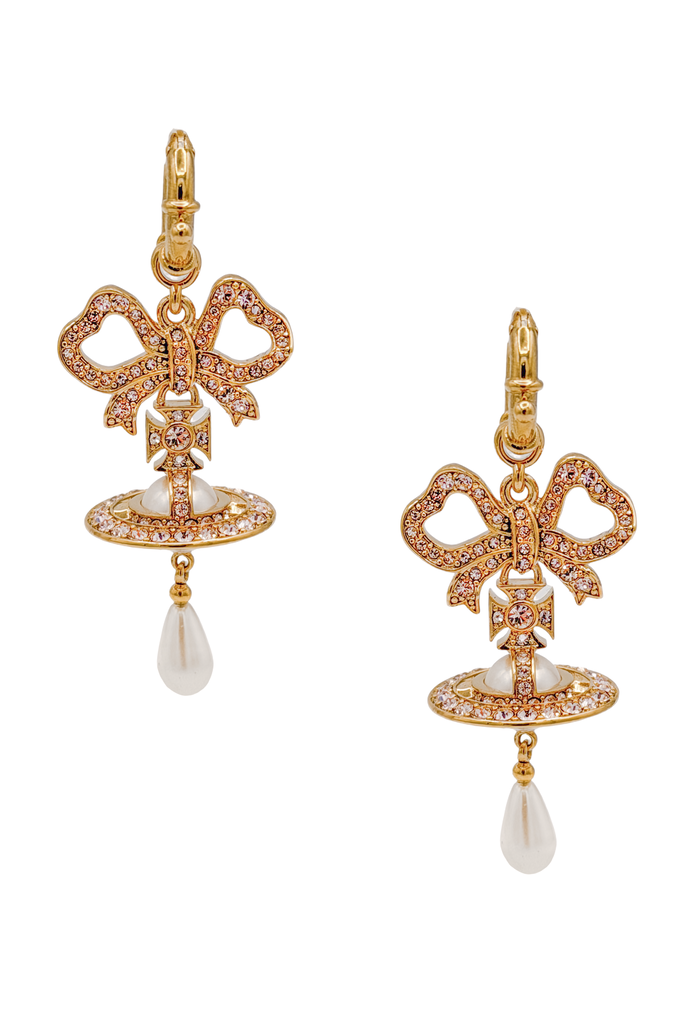 Vivienne Westwood Gold Pink Pavé Rhinestone Bow Orb Pearl Drop Earrings