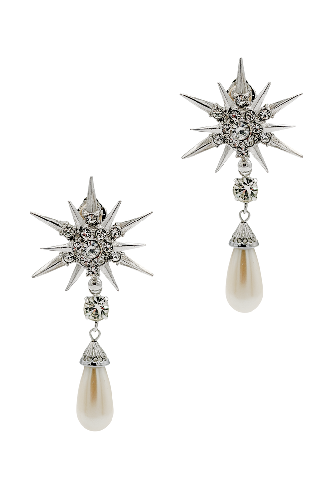 Butler & Wilson Silver Crystal Starburst Pearl Drop Earrings