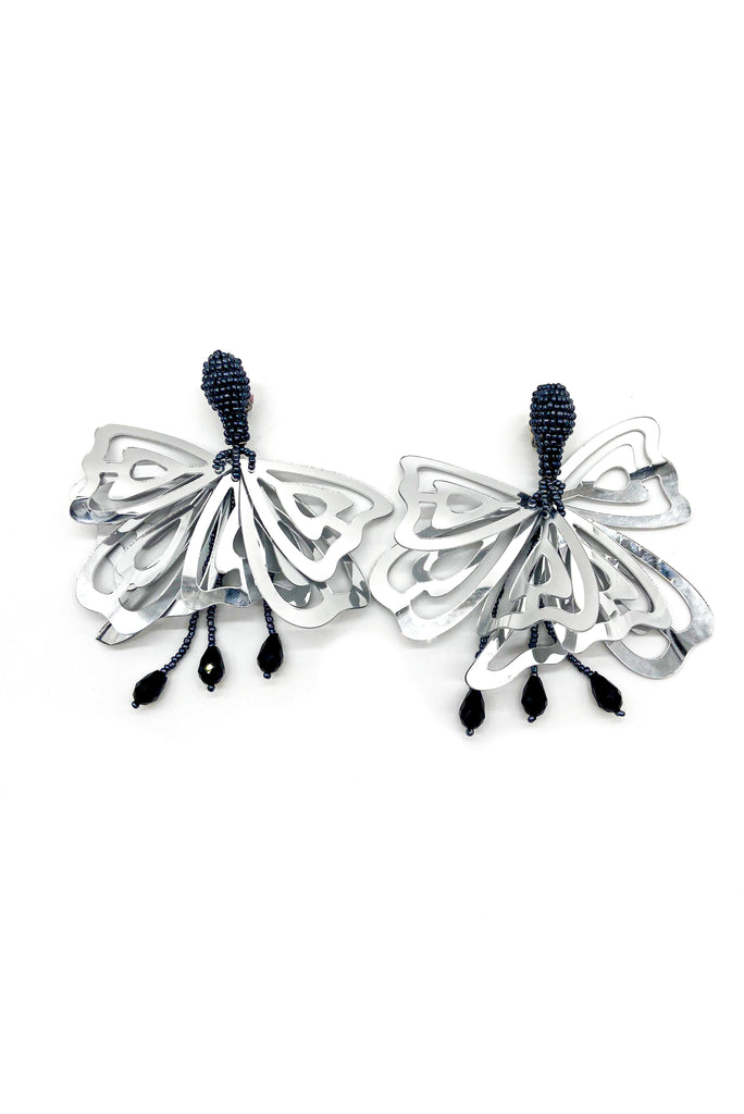 Vintage Silver Butterfly Black Beaded Earrings