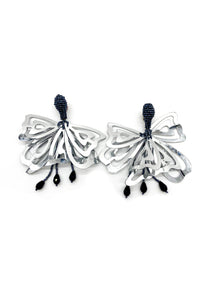 Vintage Silver Butterfly Black Beaded Earrings