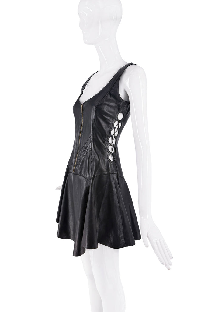 Roberto Cavalli Black Leather Drop Waist Lace Cut Outs Zipper Dress