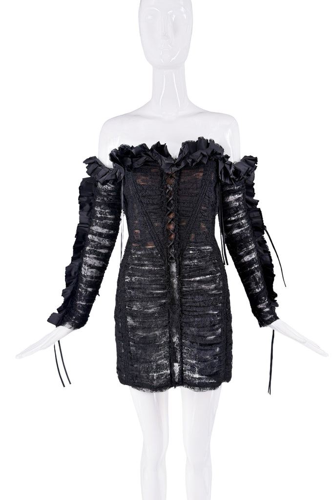 Roberto Cavalli Black Brown Sheer Lace Ruffle Corset Bustier Dress SS2016