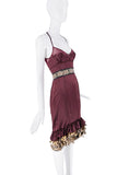 Roberto Cavalli Red Maroon Burgundy Floral Belt Leopard Print Ruffle Sheer Cut Out Open Back Dress