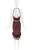Roberto Cavalli Red Maroon Burgundy Floral Belt Leopard Print Ruffle Sheer Cut Out Open Back Dress