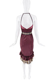 Roberto Cavalli Red Maroon Burgundy Floral Belt Leopard Print Ruffle Sheer Cut Out Open Back Dress