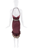Roberto Cavalli Red Maroon Burgundy Floral Belt Leopard Print Ruffle Sheer Cut Out Open Back Dress