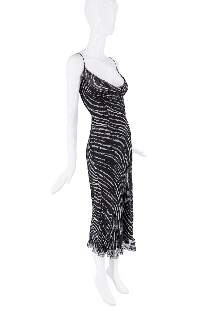 Ermanno Scervino Black White Silk Zebra Swirl Abstract Print Slip Dress