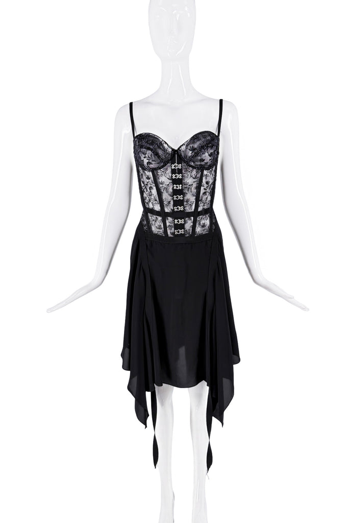 Oliver Theyskens Black Silver Floral Lace Sheer Corset Dress