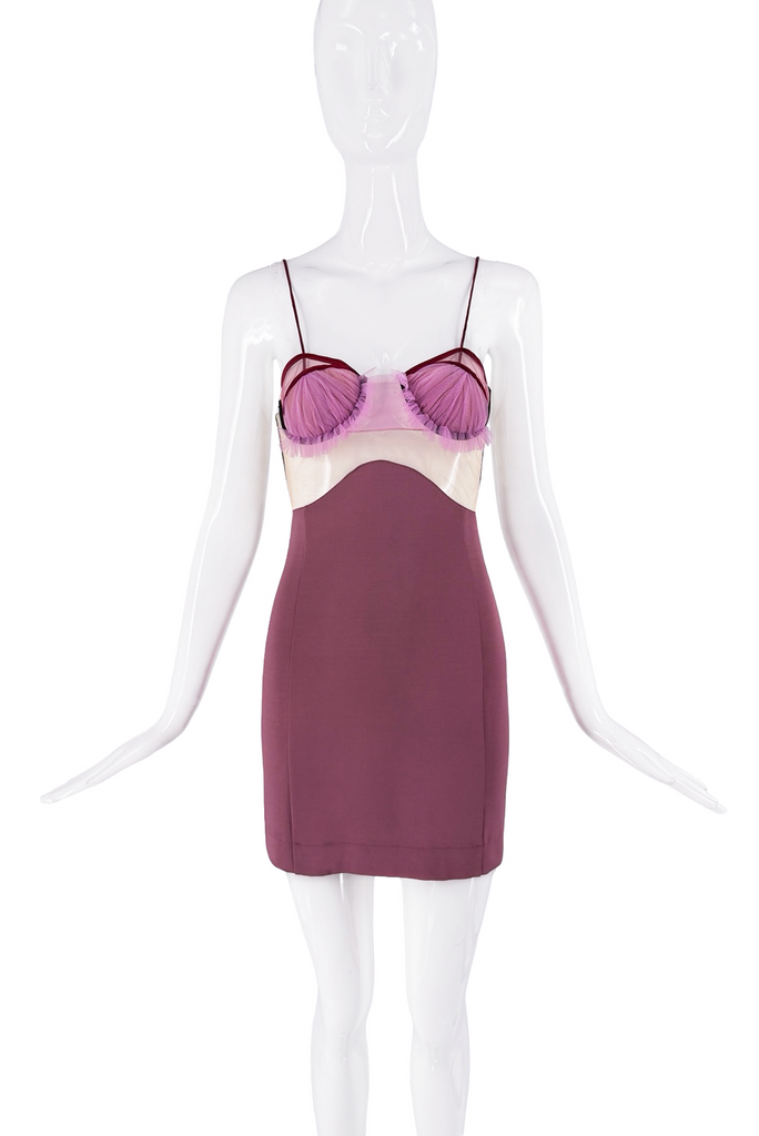 Nensi Dojaka Pink Mauve Sheer Mesh Tulle Ruffle Shell Bra Corset Bustier Mini Dress