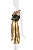 Margiela Gold Metallic Green Clear Crystal Gemstone Sheer Chest Decal Dress