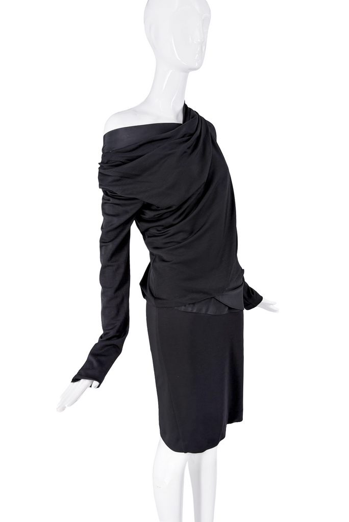 Balenciaga Black Satin Off the Shoulder Drop Waist Longsleeve Dress