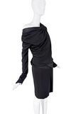 Balenciaga Black Satin Off the Shoulder Drop Waist Longsleeve Dress