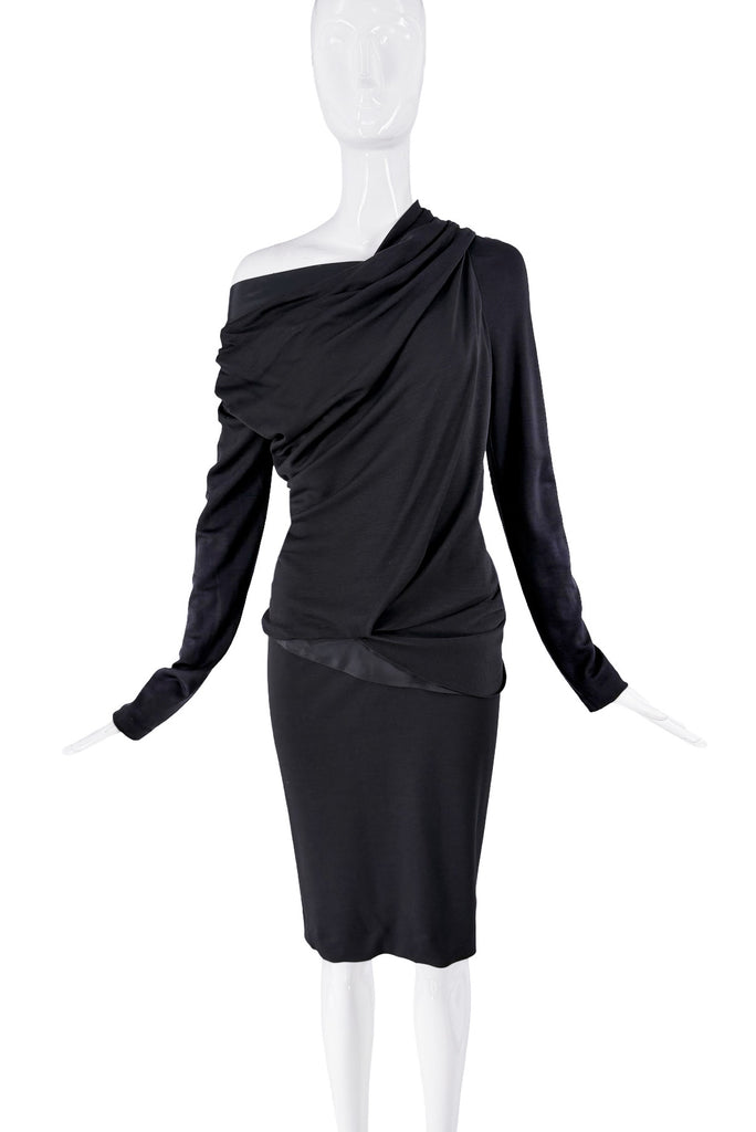 Balenciaga Black Satin Off the Shoulder Drop Waist Longsleeve Dress
