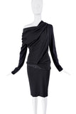 Balenciaga Black Satin Off the Shoulder Drop Waist Longsleeve Dress