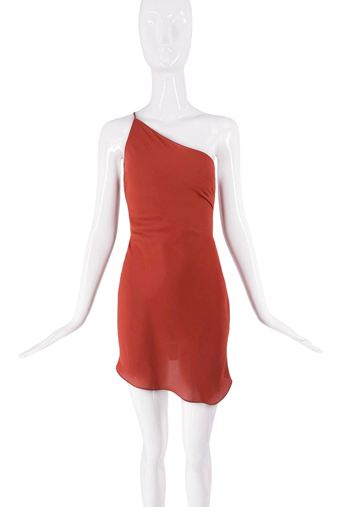 Vintage Red Silk Sheer Asymmetric One Shoulder Slip Dress