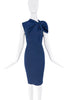 Vintage Navy Blue Asymmetrical Twisted Knot Puff Shoulder Bodycon Dress