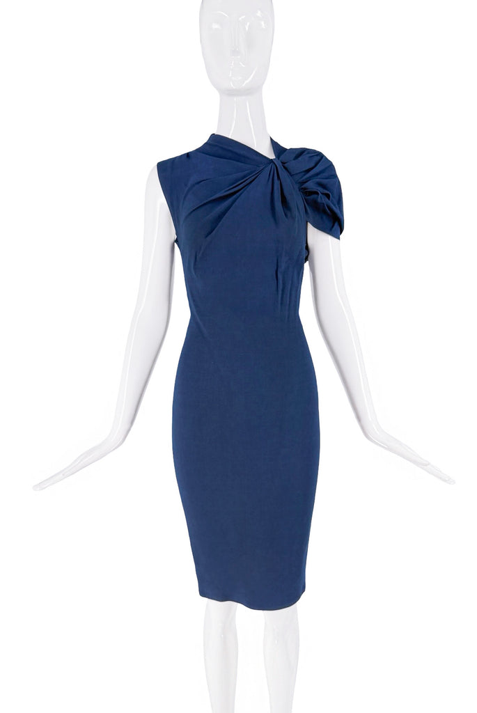 Vintage Navy Blue Asymmetrical Twisted Knot Puff Shoulder Bodycon Dress