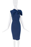 Vintage Navy Blue Asymmetrical Twisted Knot Puff Shoulder Bodycon Dress