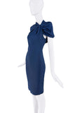 Vintage Navy Blue Asymmetrical Twisted Knot Puff Shoulder Bodycon Dress