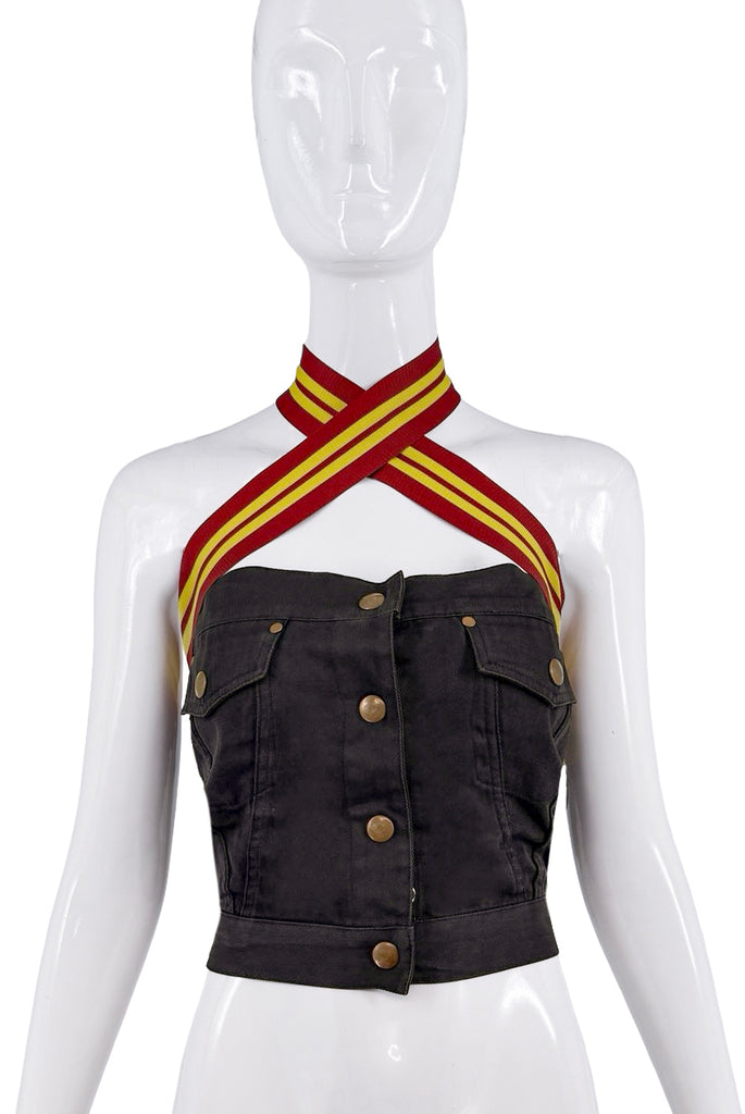 Jean Paul Gaultier Denim Yellow Red Ribbon Halter Stap Tube Top