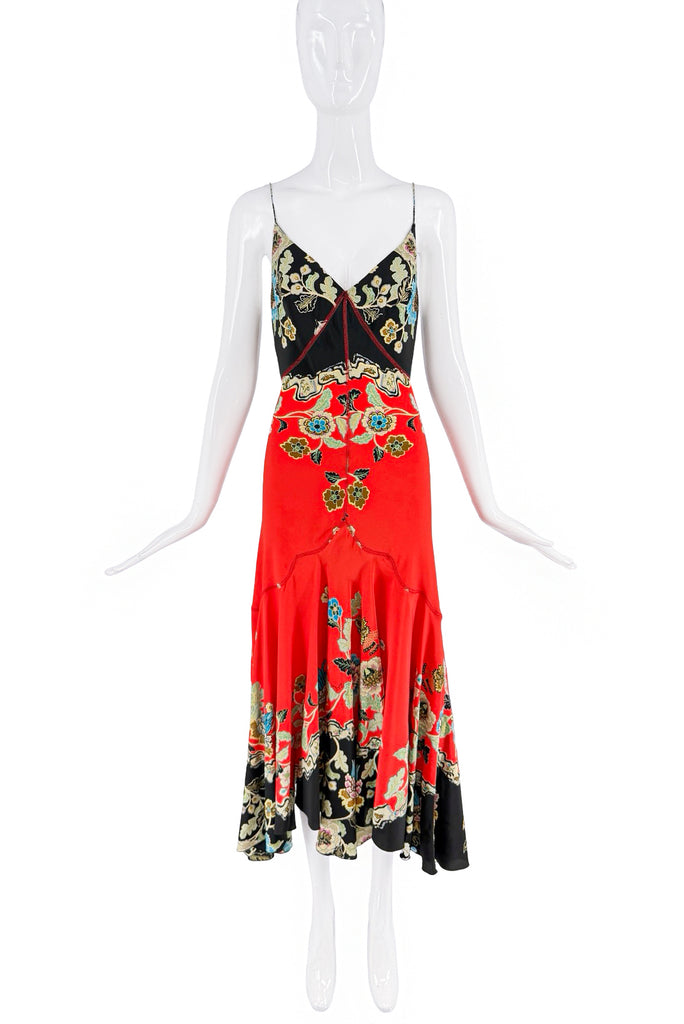 Roberto Cavalli Red Black Multicolor Floral Print Bias Cut Slip Dress Gown