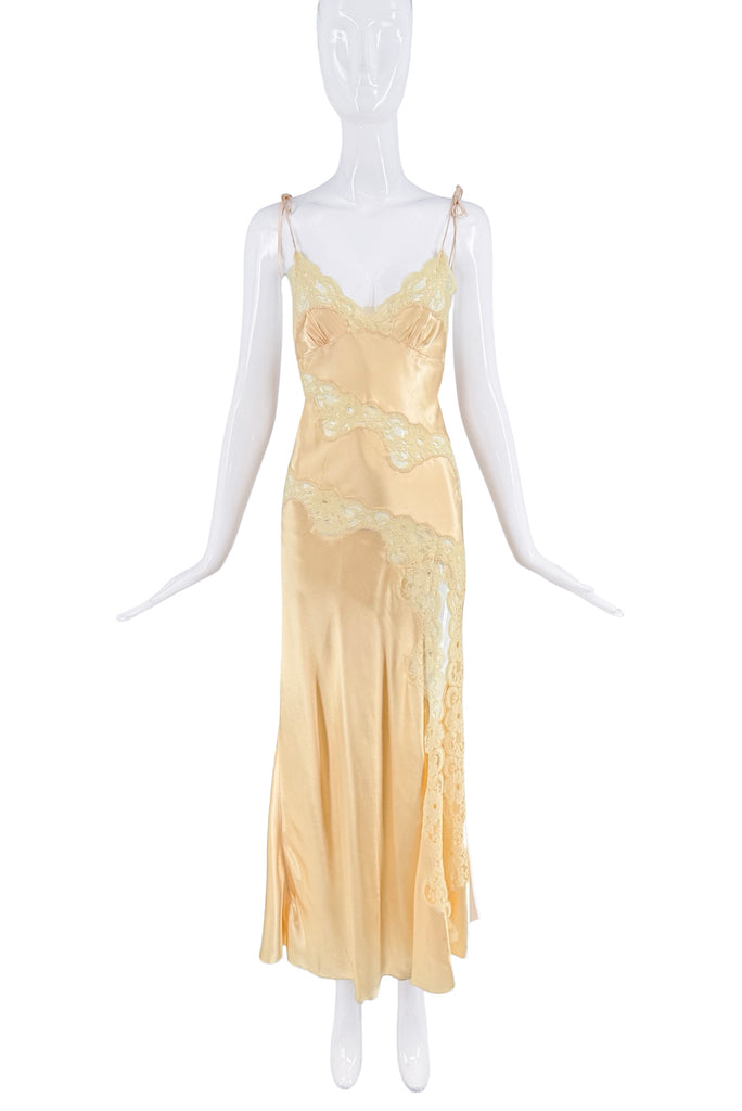 Vintage Yellow Silk Lace Bias Cut Slit Slip Dress Gown
