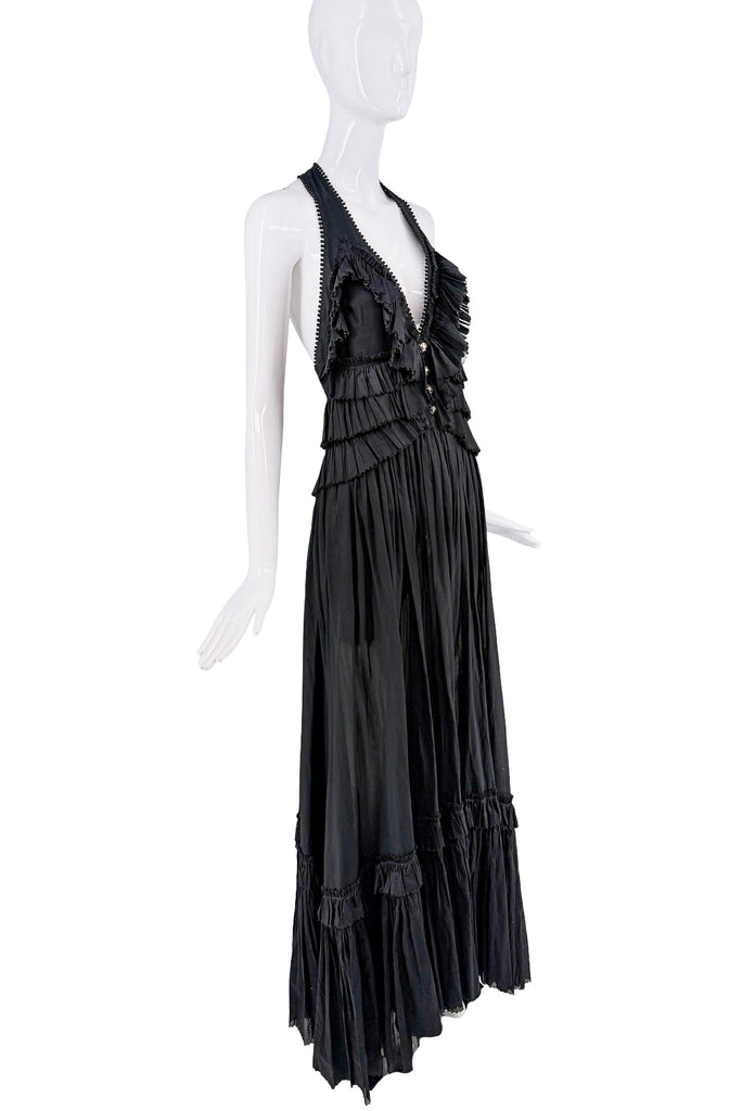 Roberto Cavalli Black Ruffle Bead Ball Halter Neck Dress Gown