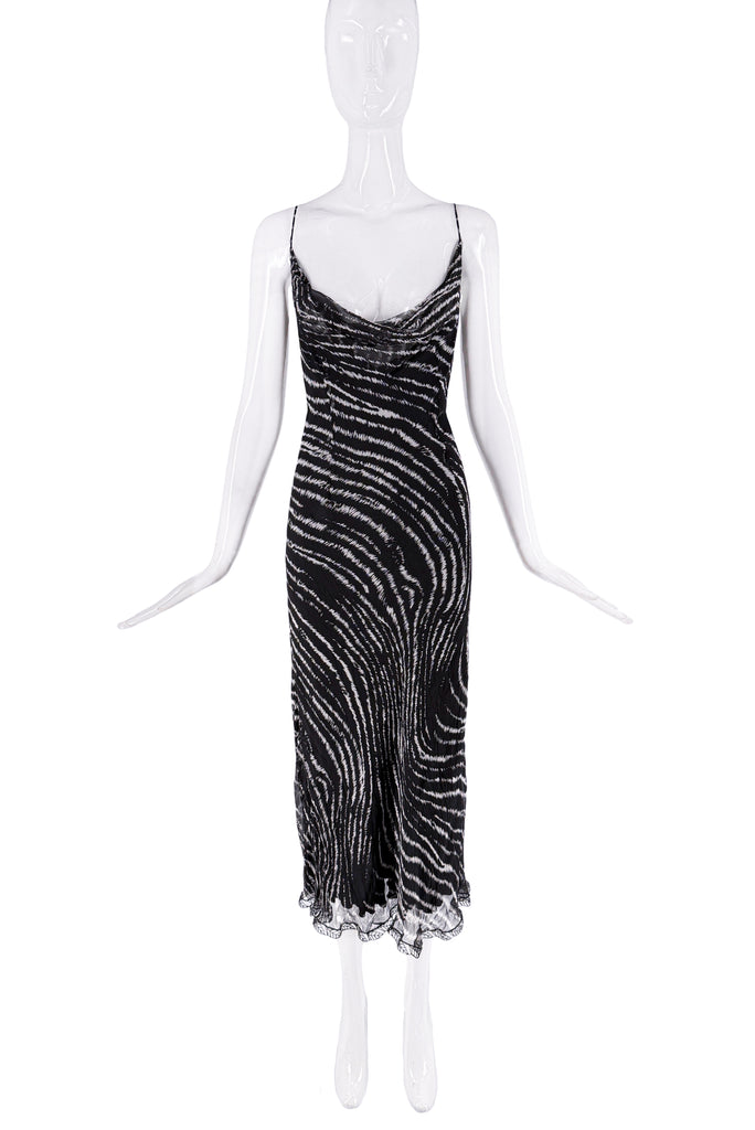 Ermanno Scervino Black White Silk Zebra Swirl Abstract Print Slip Dress