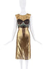 Margiela Gold Metallic Green Clear Crystal Gemstone Sheer Chest Decal Dress