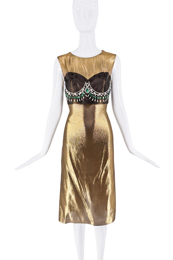 Margiela Gold Metallic Green Clear Crystal Gemstone Sheer Chest Decal Dress