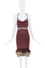 Roberto Cavalli Red Maroon Burgundy Floral Belt Leopard Print Ruffle Sheer Cut Out Open Back Dress