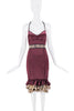 Roberto Cavalli Red Maroon Burgundy Floral Belt Leopard Print Ruffle Sheer Cut Out Open Back Dress
