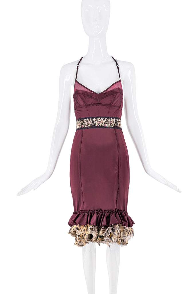 Roberto Cavalli Red Maroon Burgundy Floral Belt Leopard Print Ruffle Sheer Cut Out Open Back Dress