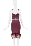 Roberto Cavalli Red Maroon Burgundy Floral Belt Leopard Print Ruffle Sheer Cut Out Open Back Dress