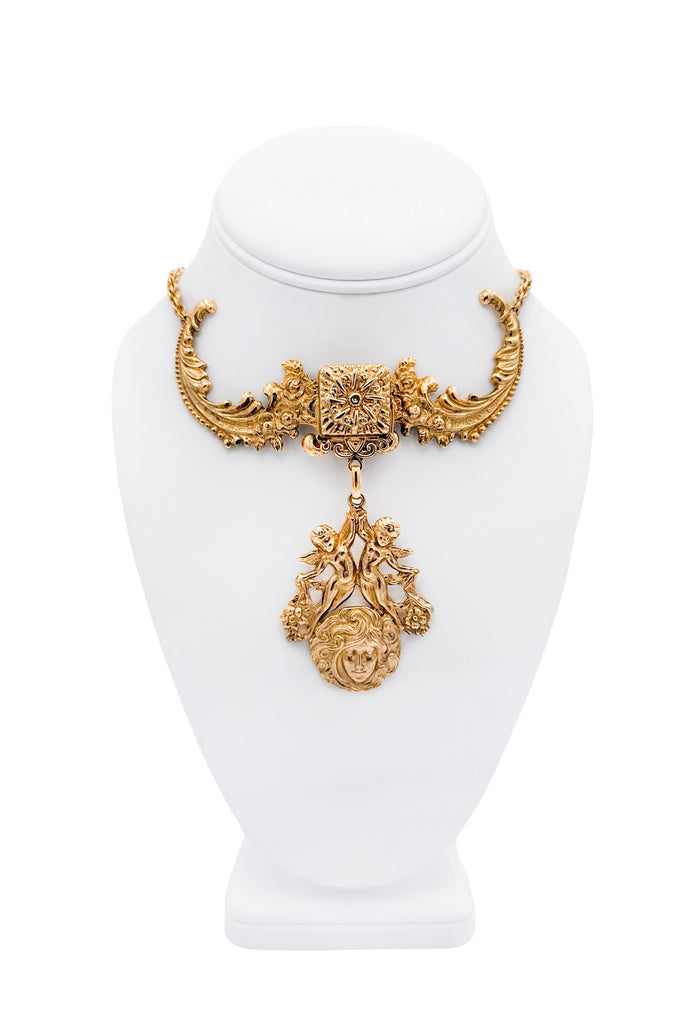 Accessocraft NYC Gold Embellished Intricate Leaf Cherub Pendant Necklace