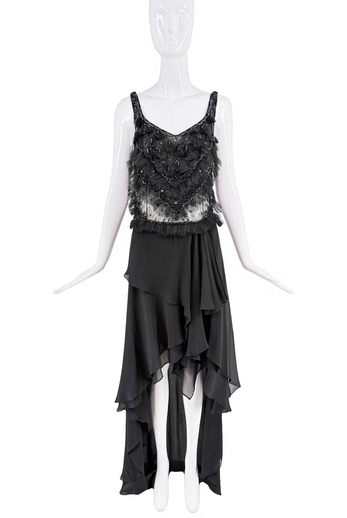 Gai Mattiolo Black Ruffle Beaded Chiffon Sheer Waterfall Dress Gown