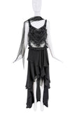 Gai Mattiolo Black Ruffle Beaded Chiffon Sheer Waterfall Dress Gown