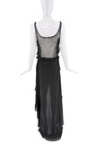 Gai Mattiolo Black Ruffle Beaded Chiffon Sheer Waterfall Dress Gown