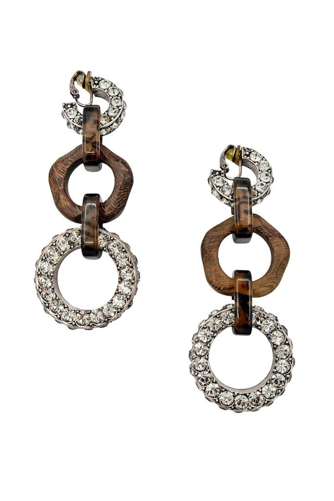 Vintage Brown Wood Silver Crystal Rhinestone Hoop Chain Link Drop Earrings