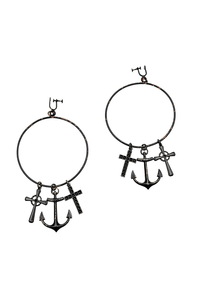 Vintage Black Cross Anchor Geometric Charm Hoop Earrings