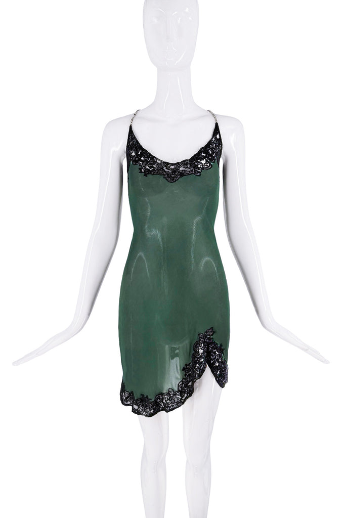 Ghost Black Green Sheer Lace Crystal Straps Slit Slip Dress