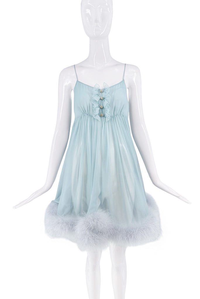 Dolce & Gabbana Blue Sheer Crystal Ruffle Feather Babydoll Dress