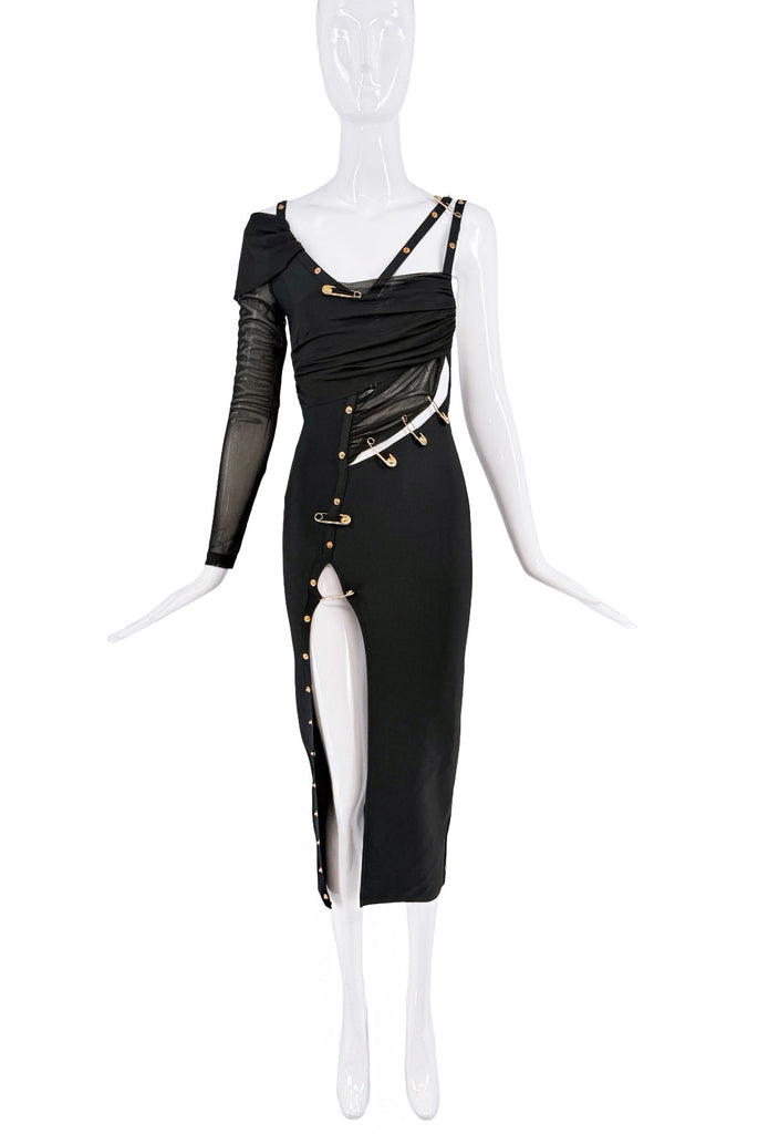 Versace Black Gold Cut Out Mesh Safety Pink Medusa Logo High Slit Dress